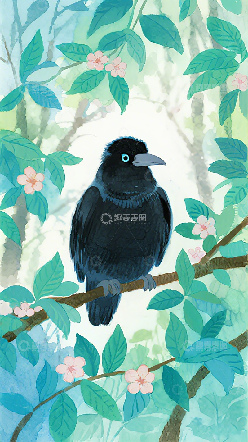 高清大图下载【趣麦麦图】森林黑鸟插画