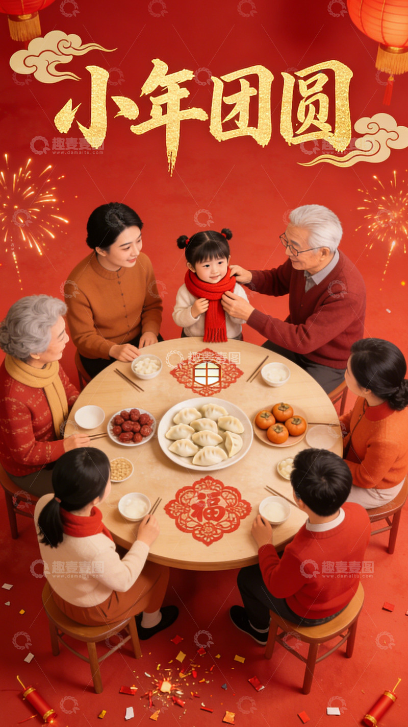 高清大图下载【趣麦麦图】喜庆团圆小年家庭聚餐