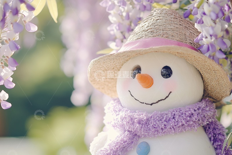 高清大图下载【趣麦麦图】紫藤花下带着帽子的雪人