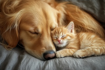 小金毛和小猫咪一起睡觉