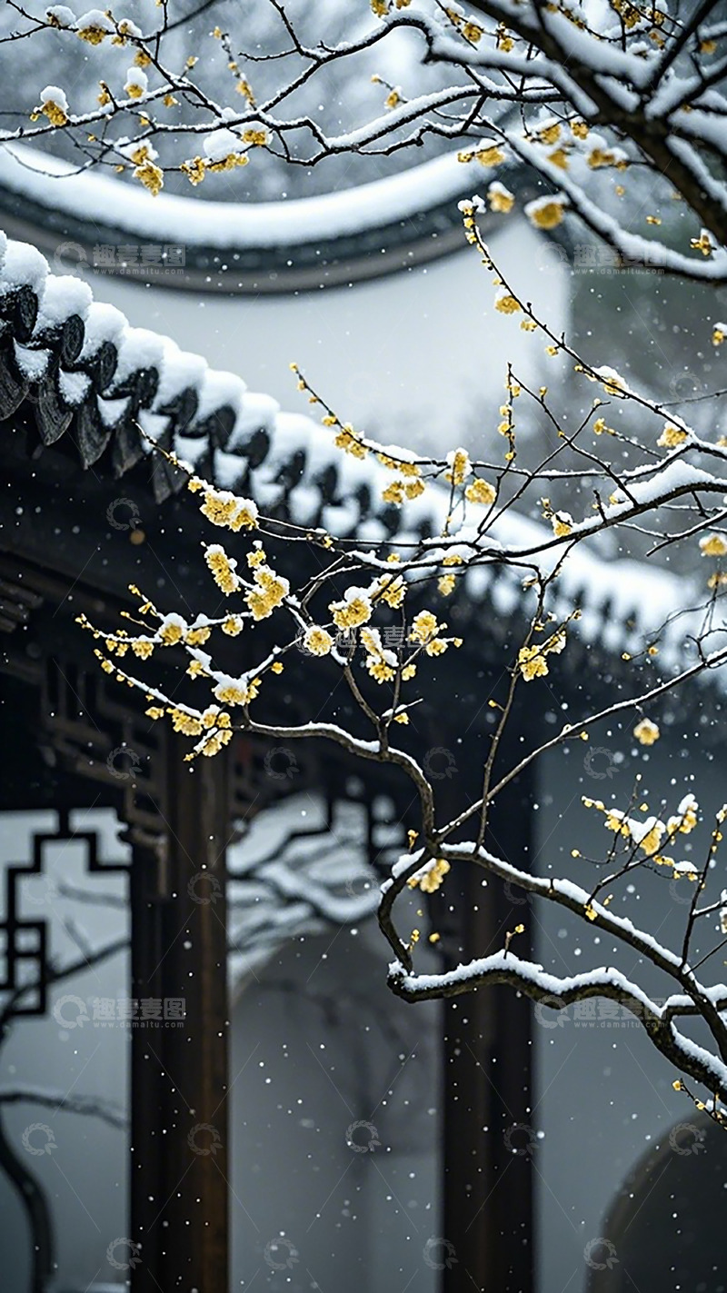 高清大图下载【趣麦麦图】雪中腊梅古风园林