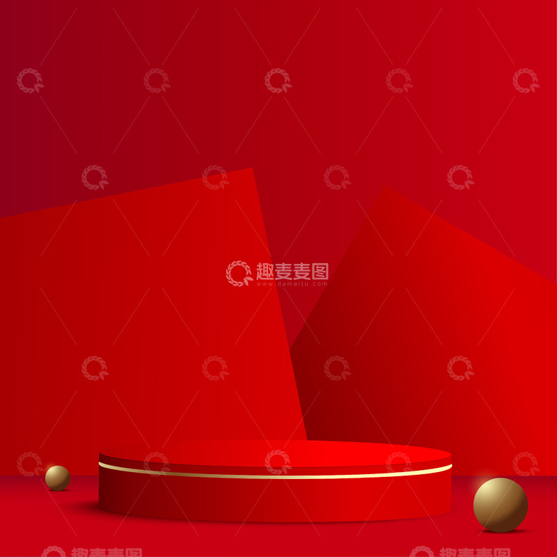 源文件下载【趣麦麦图】红色圆柱形讲台与金色球体装饰