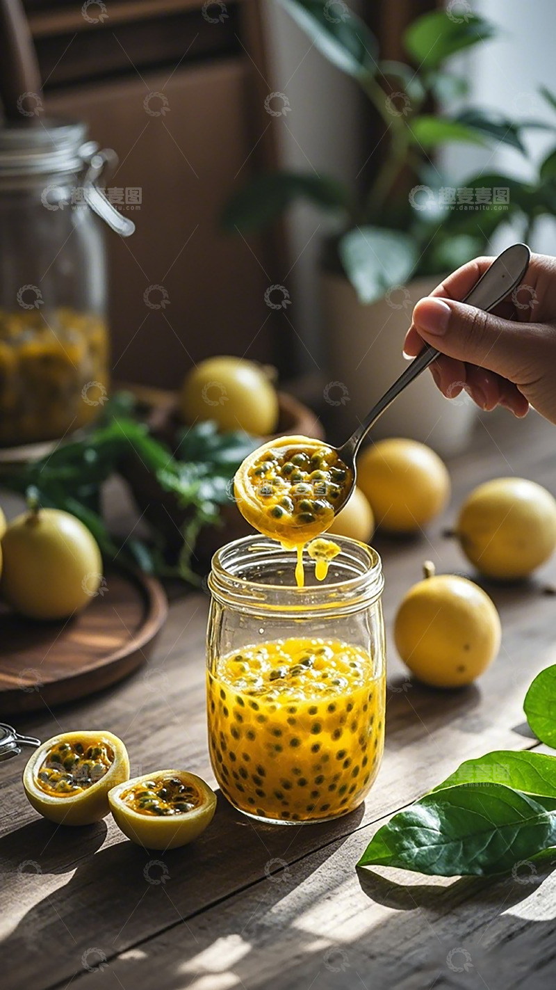 高清大图下载【趣麦麦图】自然光影百香果果酱美食摄影