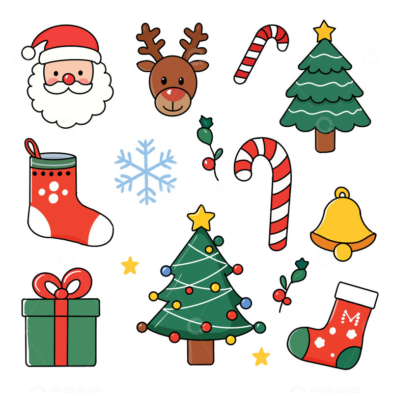 源文件下载【趣麦麦图】卡通手绘粗线条儿童绘画圣诞节装饰物品