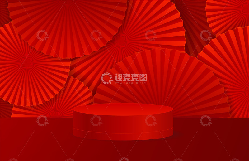 源文件下载【趣麦麦图】红色扇形图案装饰的圆形展台