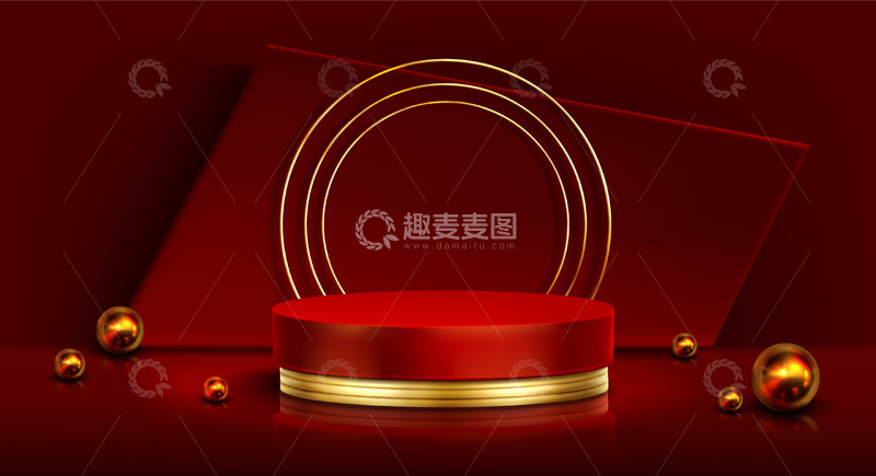 源文件下载【趣麦麦图】金色球体装饰的红色奢华展台