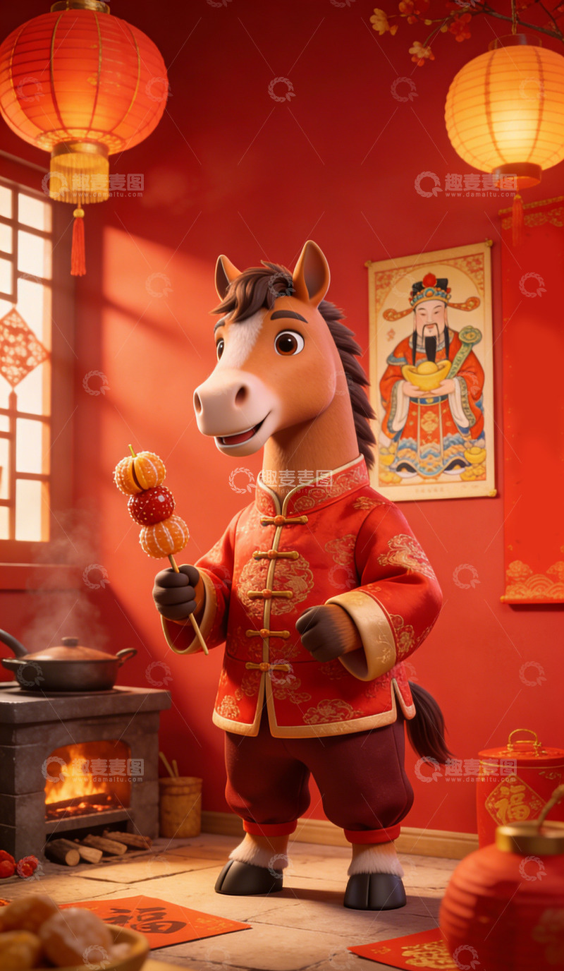 高清大图下载【趣麦麦图】卡通马春节喜庆场景插画