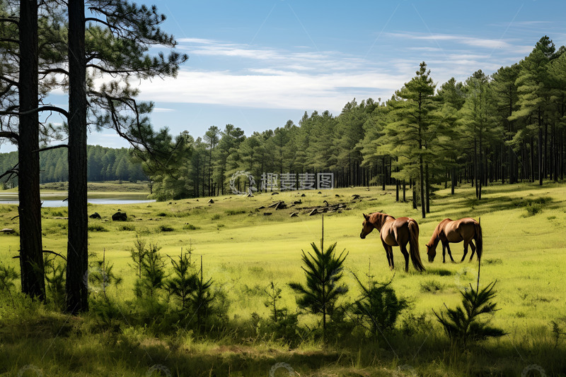 高清大图下载【趣麦麦图】松树林中吃草的马匹