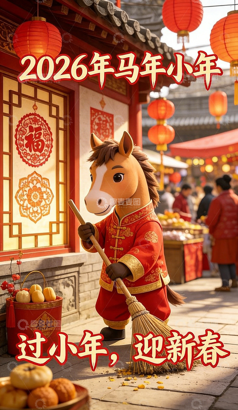 高清大图下载【趣麦麦图】卡通马年小年庆祝场景