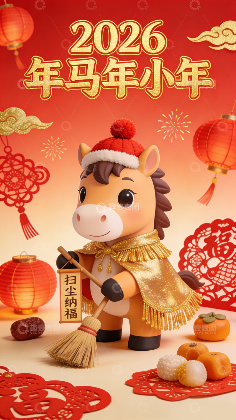 高清大图下载【趣麦麦图】马年小年喜庆插画
