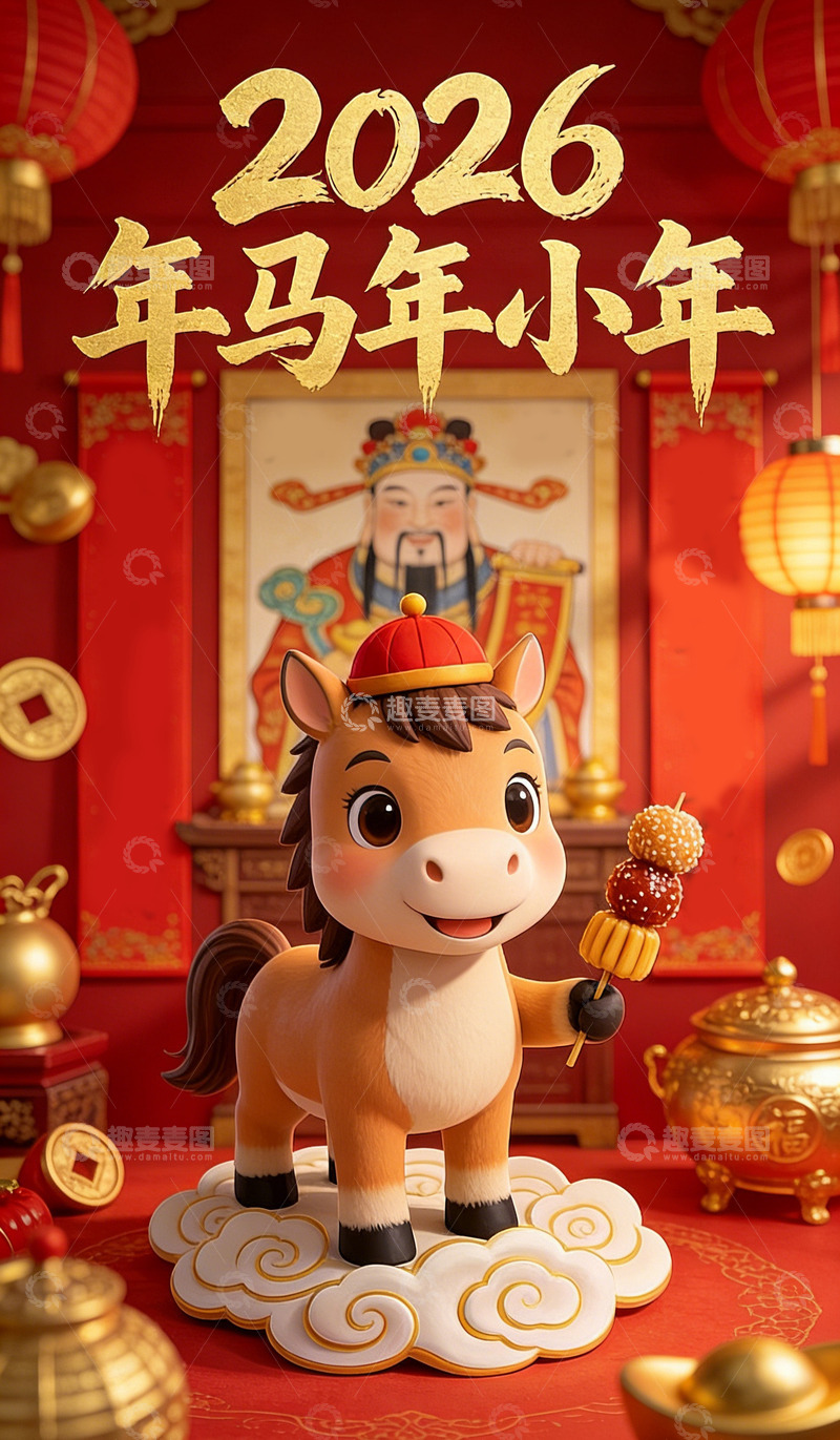 高清大图下载【趣麦麦图】2026年马年小年庆祝场景