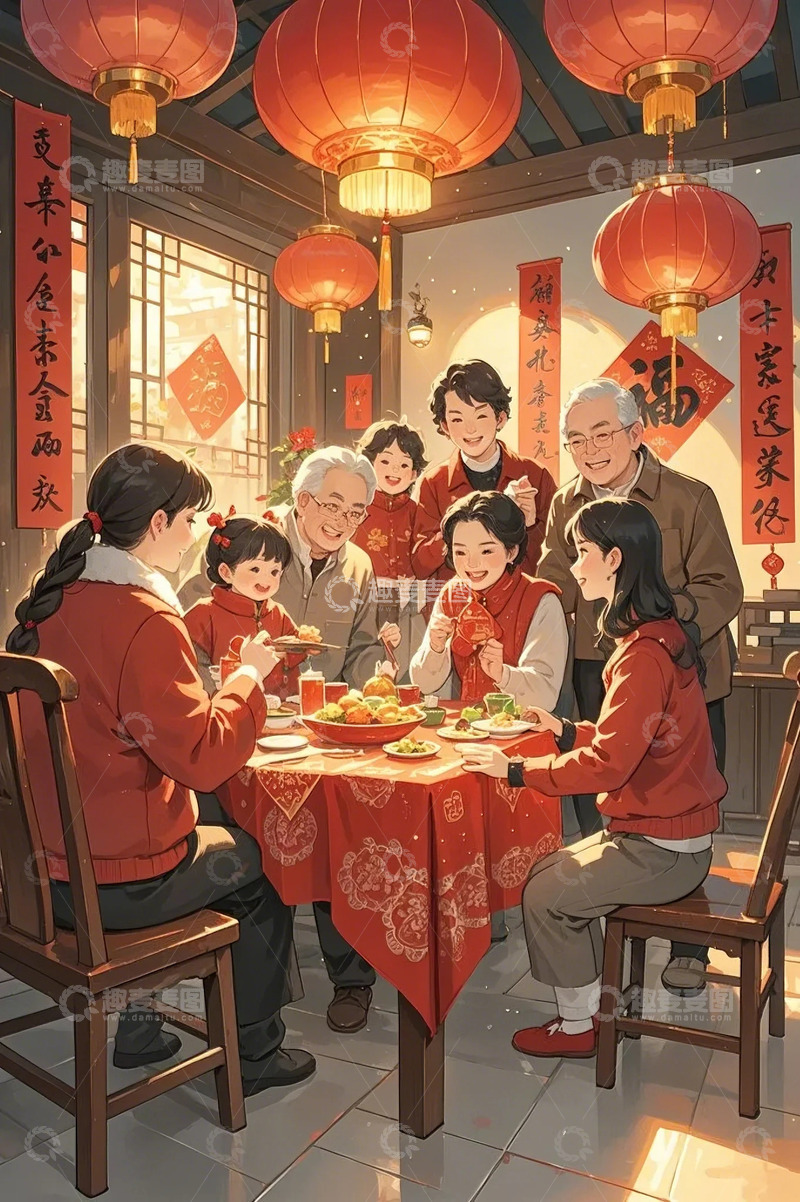 高清大图下载【趣麦麦图】春节团圆饭卡通插画