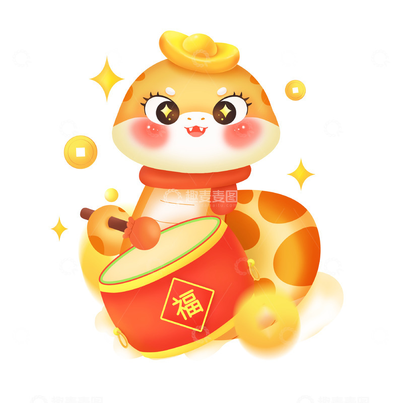源文件下载【趣麦麦图】-蛇年打鼓卡通小蛇
