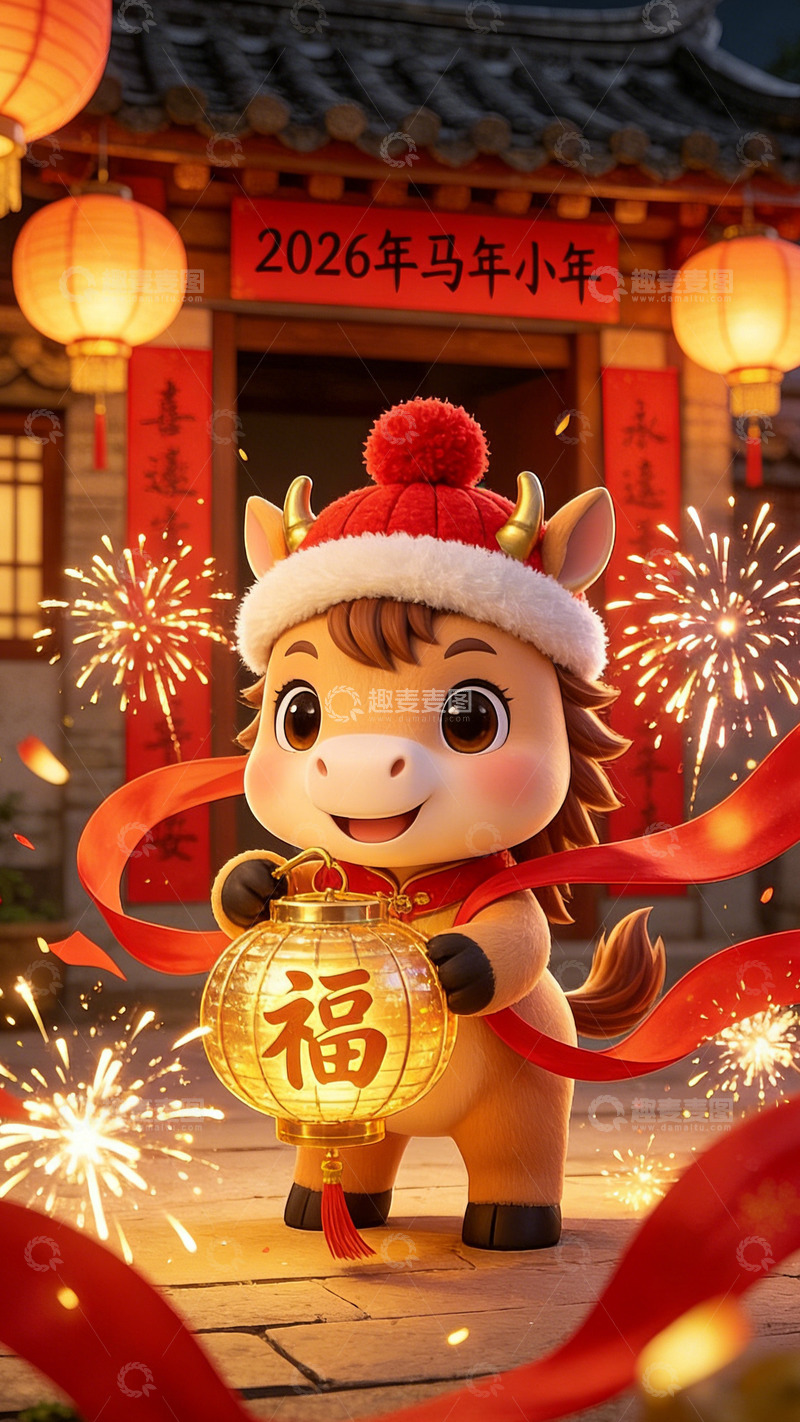 高清大图下载【趣麦麦图】马年小年喜庆插画设计