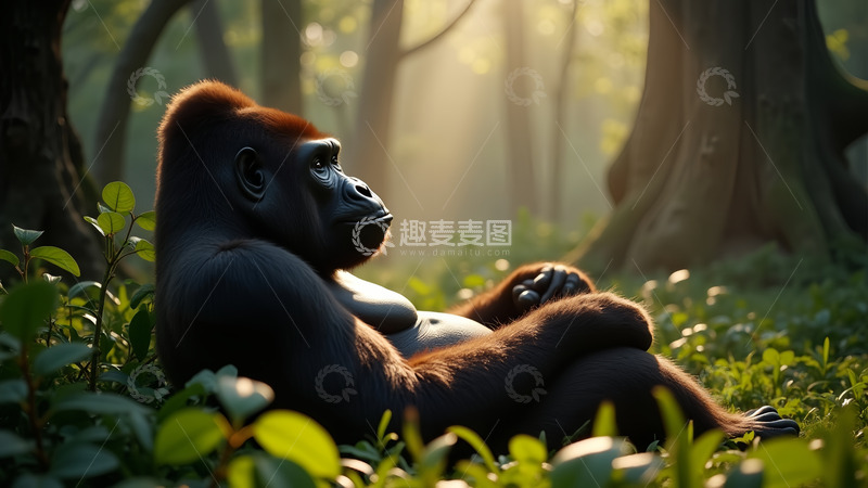 高清大图下载【趣麦麦图】黑猩猩树林叶子