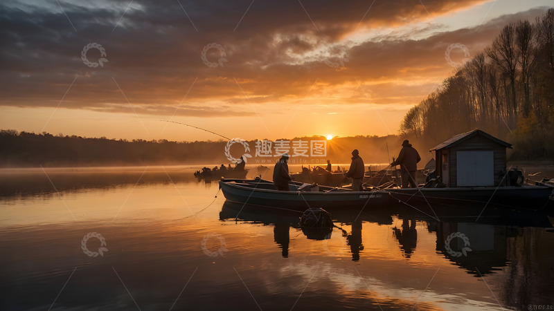 高清大图下载【趣麦麦图】黄昏海边的渔船收货