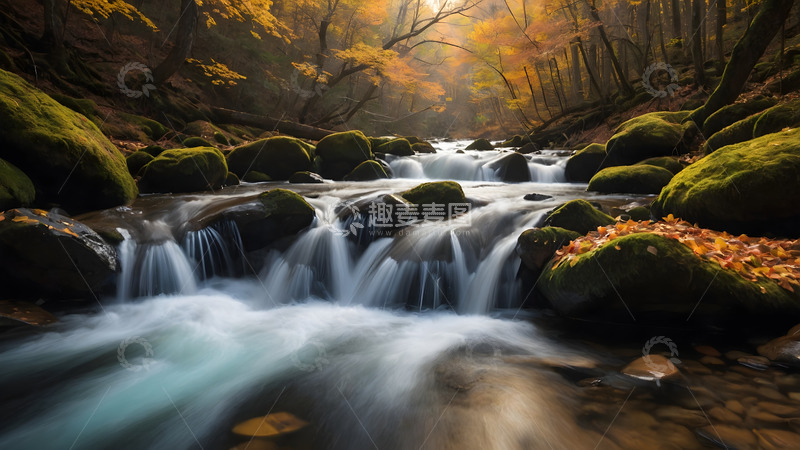 高清大图下载【趣麦麦图】金秋森林下的河流