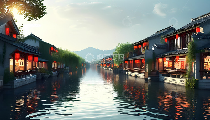 高清大图下载【趣麦麦图】阳光河水灯笼