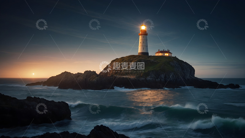 高清大图下载【趣麦麦图】落日下的灯塔