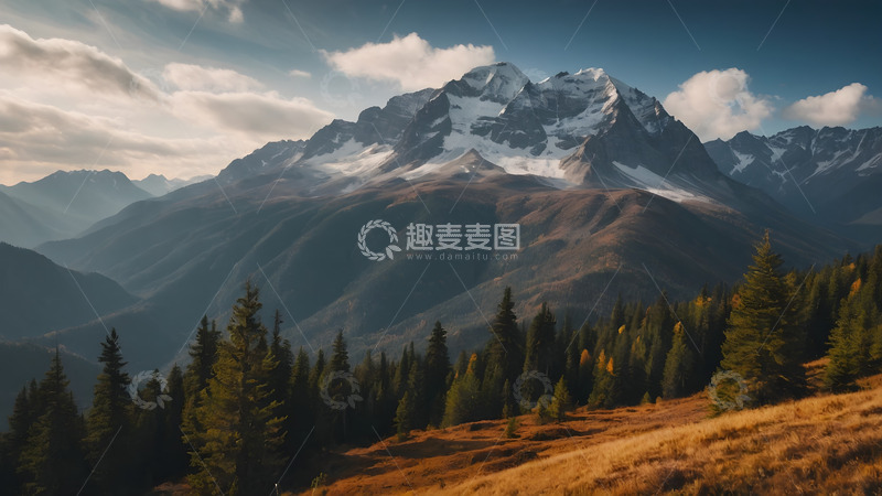 高清大图下载【趣麦麦图】枯黄 绿色与雪山