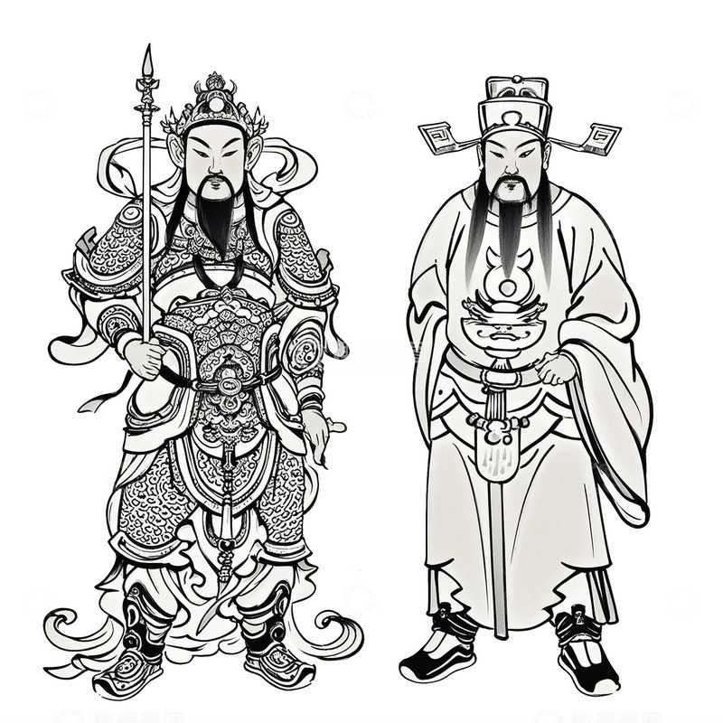 高清大图下载【趣麦麦图】简约线条扁平财神门神
