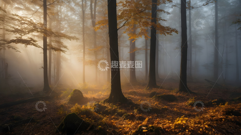 高清大图下载【趣麦麦图】晨雾森林里的余晖