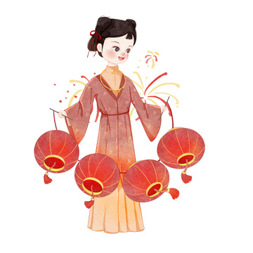 简约手绘新年拿着灯笼女孩人物