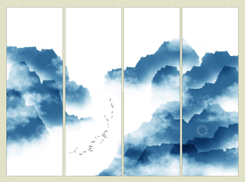 高清大图下载【趣麦麦图】四景山水云绕峰峦鸟迹长