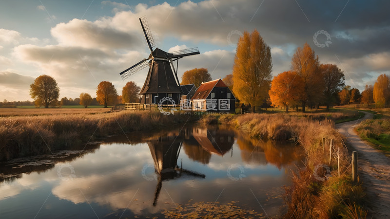 高清大图下载【趣麦麦图】落日金秋风车