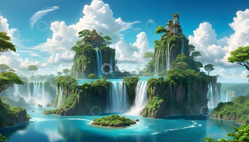 高清大图下载【趣麦麦图】高山湖面楼阁