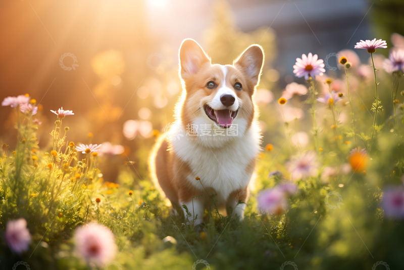 高清大图下载【趣麦麦图】站在花丛中的柯基