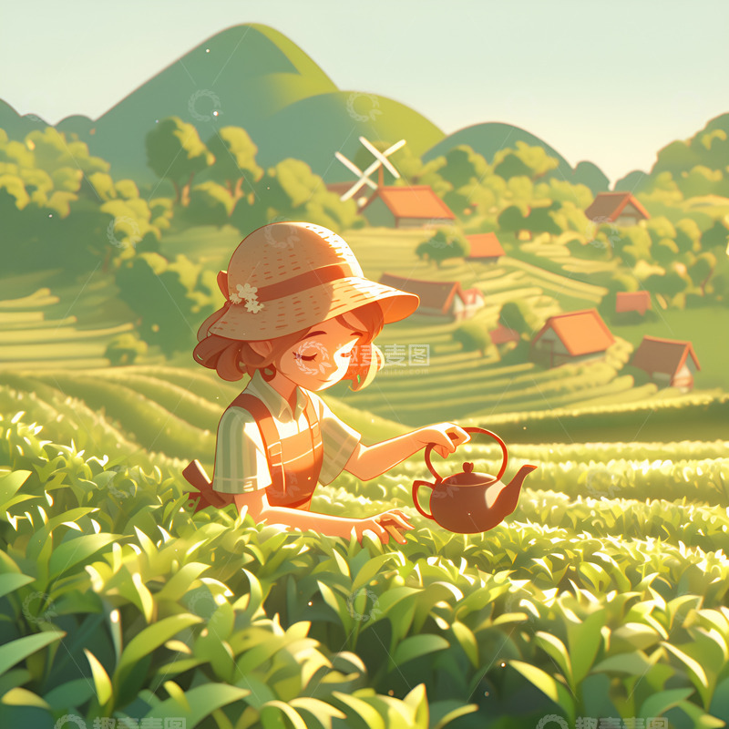 高清大图下载【趣麦麦图】茶田里的采茶女