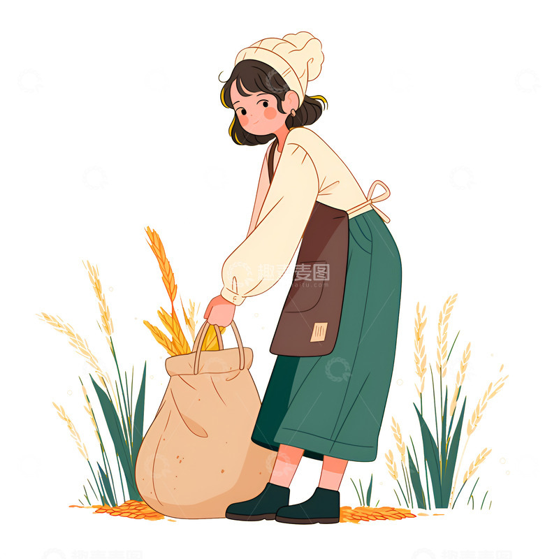 高清大图下载【趣麦麦图】卡通提着一袋小麦粉的女孩