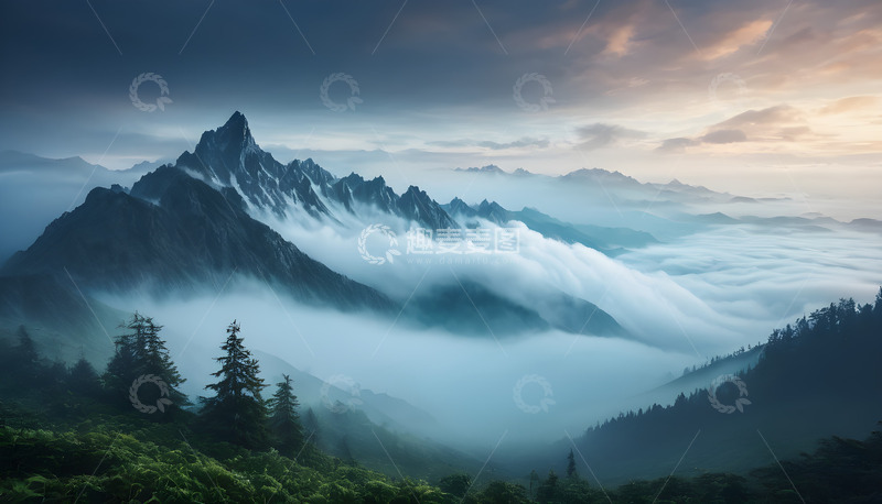 高清大图下载【趣麦麦图】彩霞大山雾气萦绕