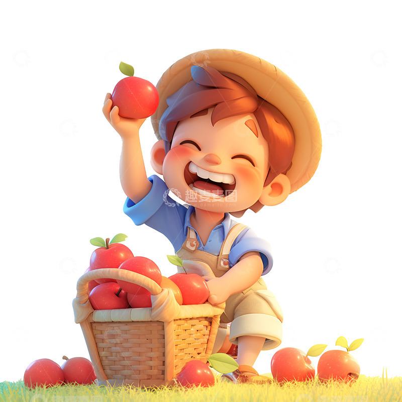 高清大图下载【趣麦麦图】卡通摘苹果的小孩