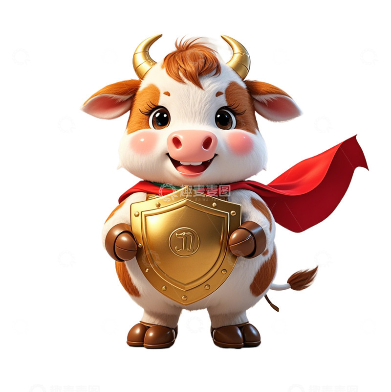 高清大图下载【趣麦麦图】可爱的牛拿着金色的盾牌
