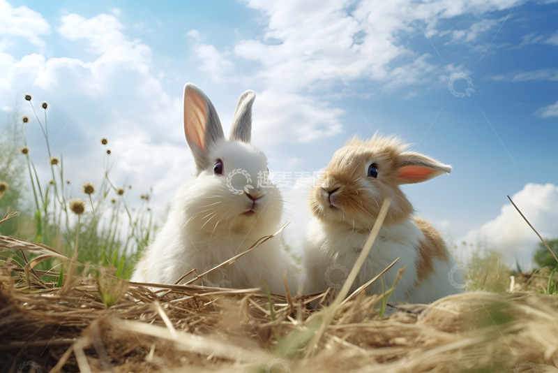 高清大图下载【趣麦麦图】草地上的两只兔子