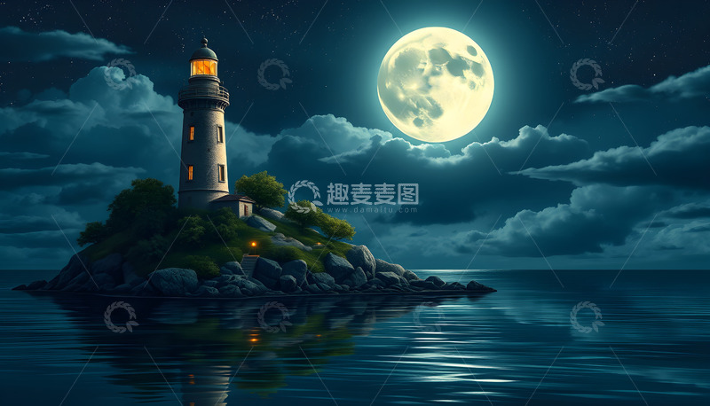 高清大图下载【趣麦麦图】海上灯塔明月