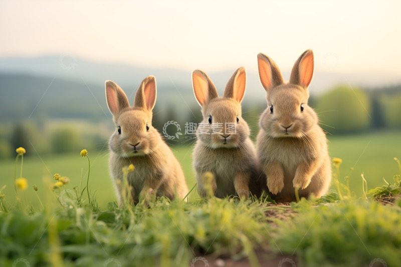 高清大图下载【趣麦麦图】三只可爱的灰色的兔子