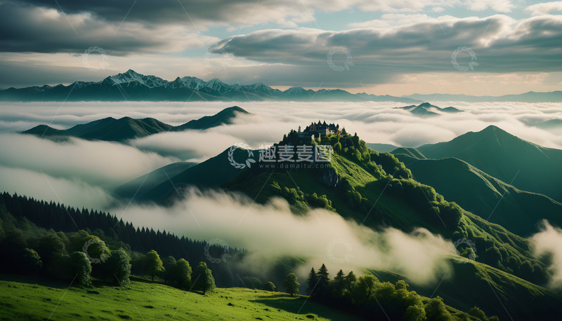 高清大图下载【趣麦麦图】绿色的山顶建筑