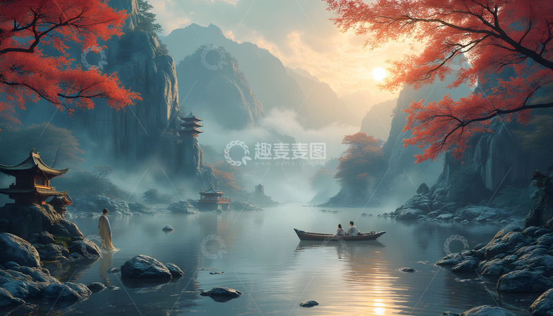 高清大图下载【趣麦麦图】秋叶幽静河面