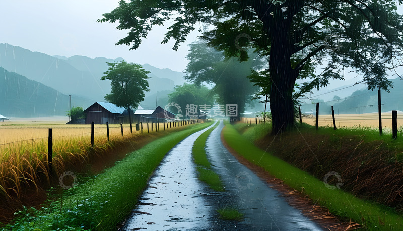 高清大图下载【趣麦麦图】小路下雨大树