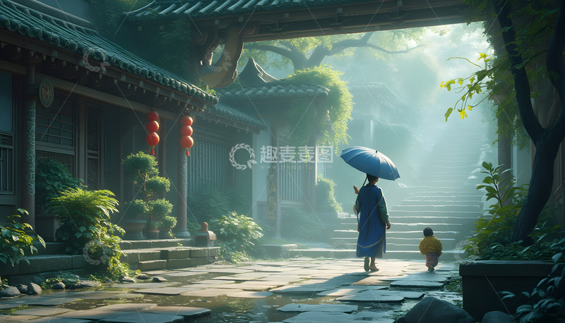 高清大图下载【趣麦麦图】清晨雨后的亲子互动