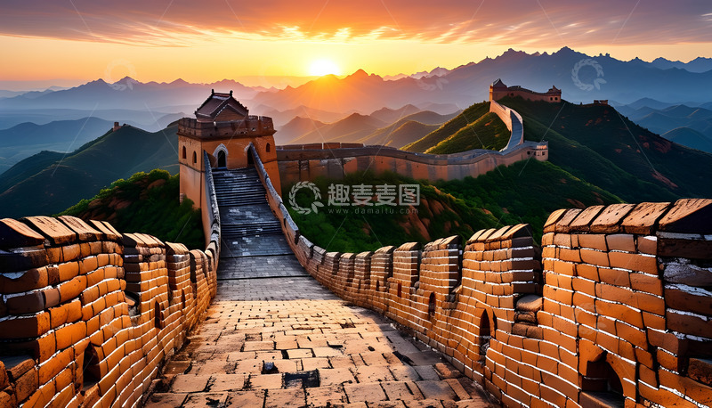高清大图下载【趣麦麦图】夕阳长城大山