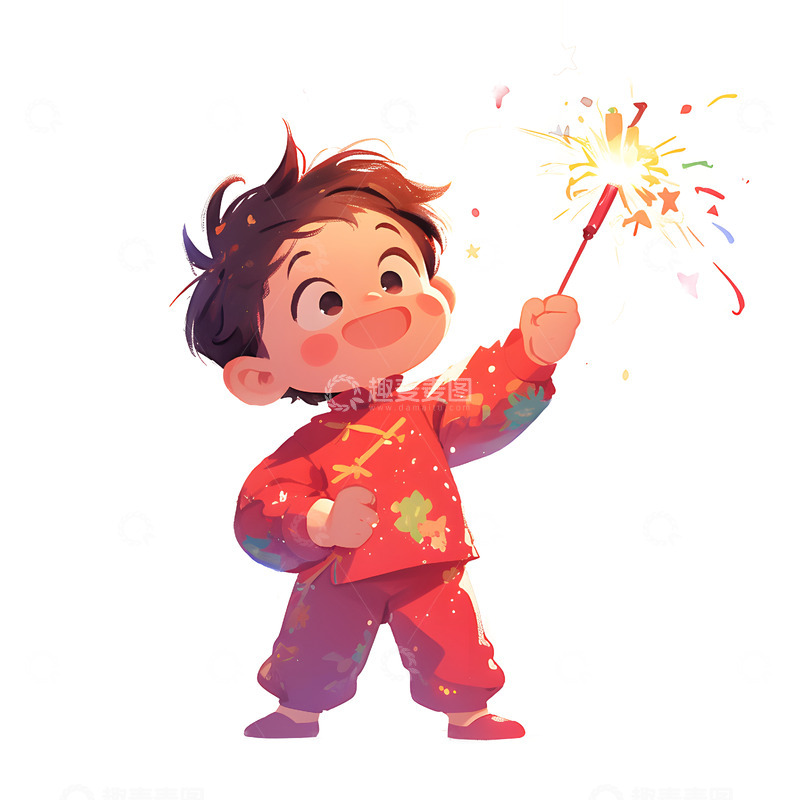 高清大图下载【趣麦麦图】春节小男孩玩烟花场景