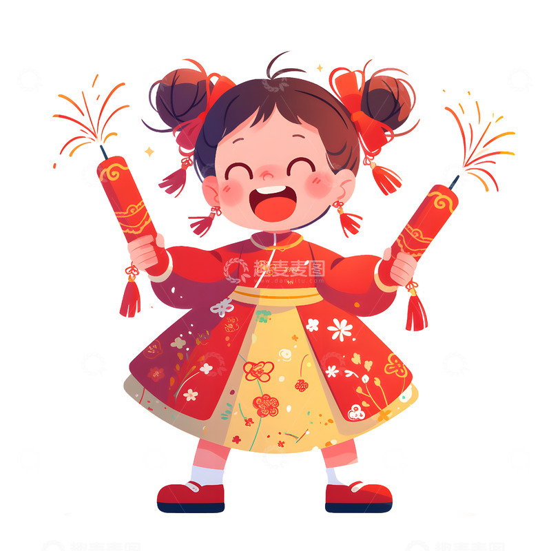 高清大图下载【趣麦麦图】春节小女孩放鞭炮