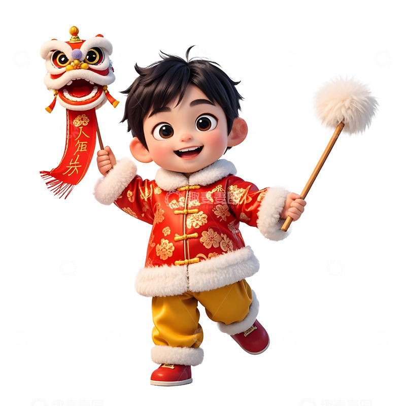 高清大图下载【趣麦麦图】春节小男孩舞狮子