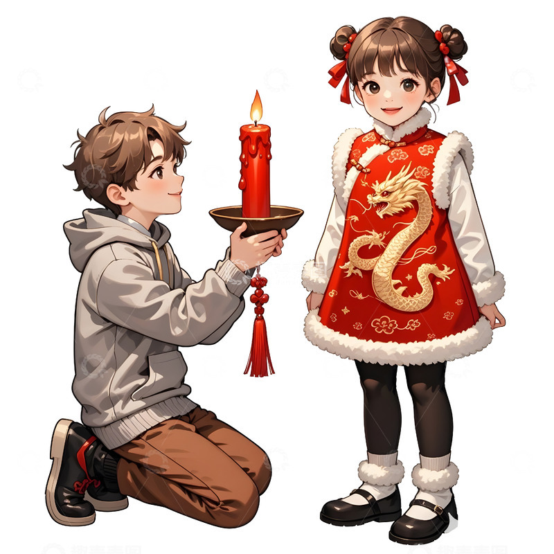 高清大图下载【趣麦麦图】春节儿童准备放鞭炮