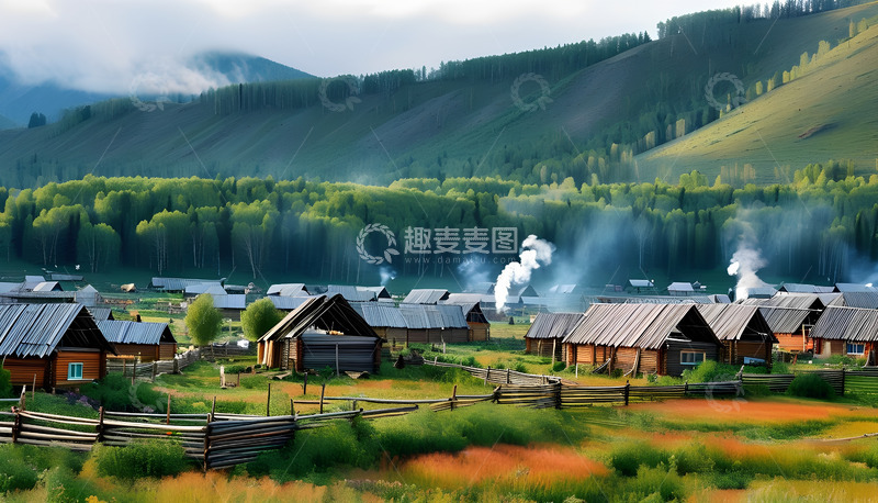 高清大图下载【趣麦麦图】农村树林云雾