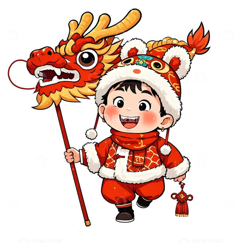 高清大图下载【趣麦麦图】春节小男孩舞龙送福
